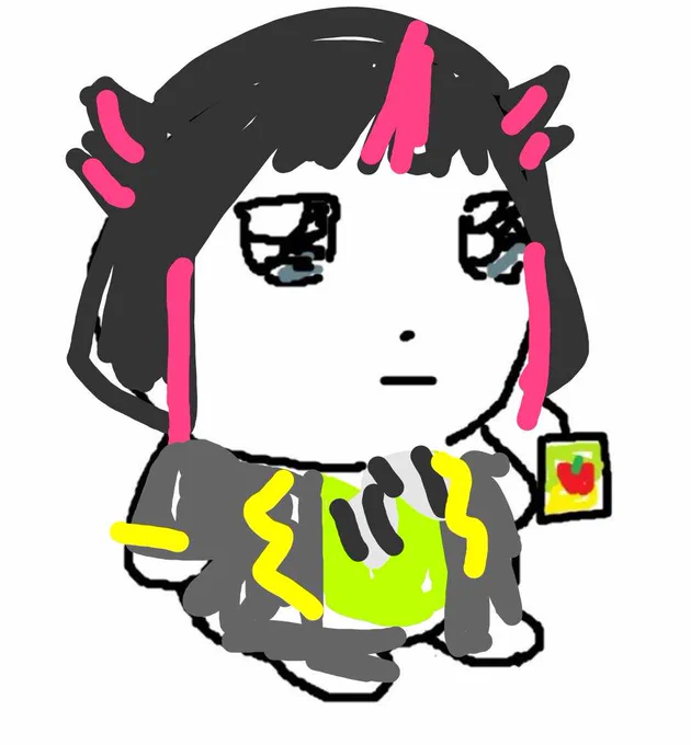 crudely painted over lilia staring with empty kawaii eyes holding tomato juice reaction photo