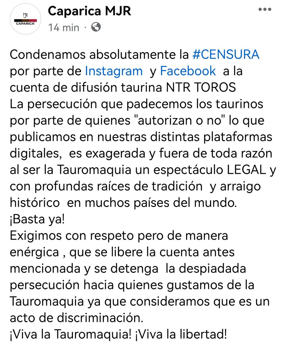 Condenamos enérgicamente la inhabilitación de la cuenta <a href="/ntrtoros/">NTR Toros</a> en Facebook e Insagram
#NoALaCensura #Discriminacion #Tauromaquia #Libertad #BastaYa  <a href="/rafaelcue/">RAFAEL CUÉ</a> <a href="/Beto_Murrieta/">Heriberto Murrieta</a> <a href="/TauromaquiaTMX/">Tauromaquia Mexicana</a> <a href="/rovimi/">@rovimi</a>