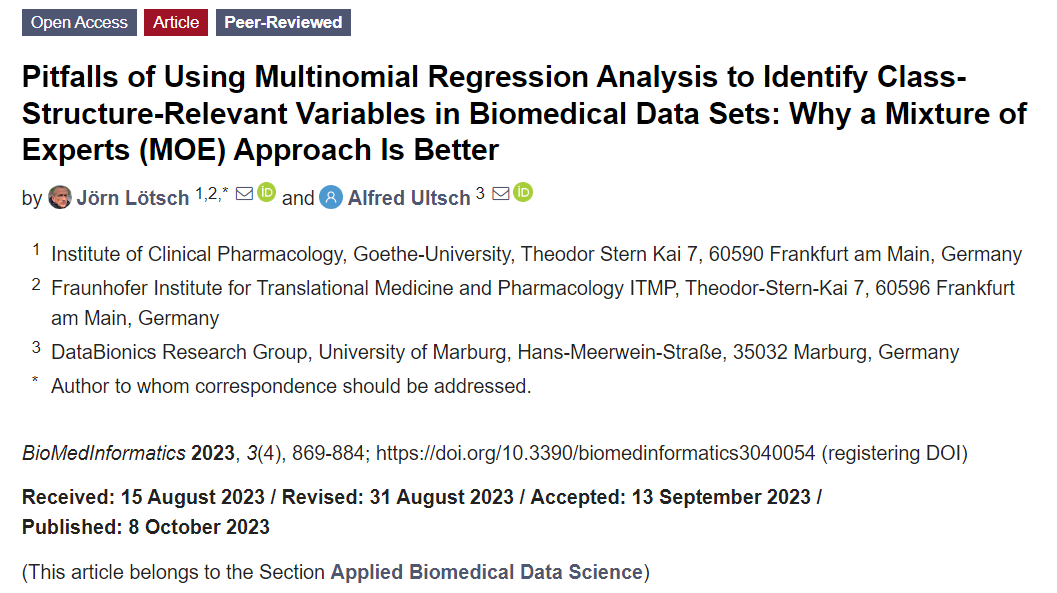 Biomedinfo_MDPI's tweet photo. Prof Jörn Lötsch and Prof Alfred Ultsch, EBMs, published the following paper:

Pitfalls of Using #Multinomial Regression Analysis to Identify Class-Structure-Relevant Variables in #Biomedical #data  Sets: Why a Mixture of Experts (MOE) Approach Is Better https://t.co/iwS9xgAoDE https://t.co/UGPaYe6Uie