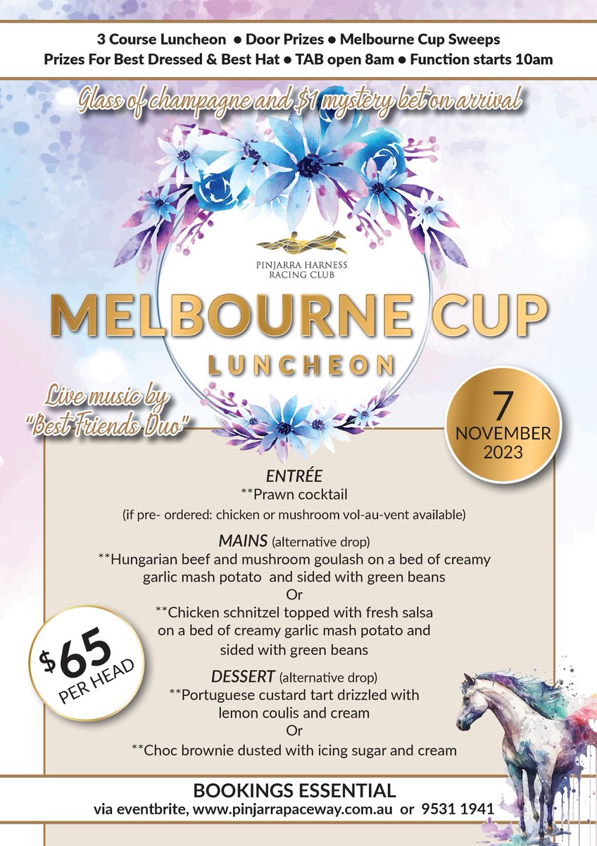Join us for our Melbourne Cup Function.  Call 9531 1941 to make a booking.