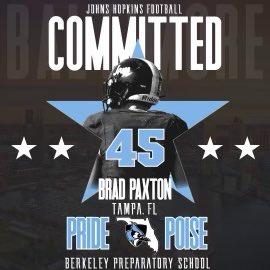 I’m excited to announce my commitment to the prestigious Johns Hopkins University to continue my academic and football career! I am extremely grateful to Coach Ciao, the Berkeley coaching staff, my teammates, classmates and family for their amazing support. #AGTG

<a href="/JHU_Football/">Johns Hopkins Football</a>