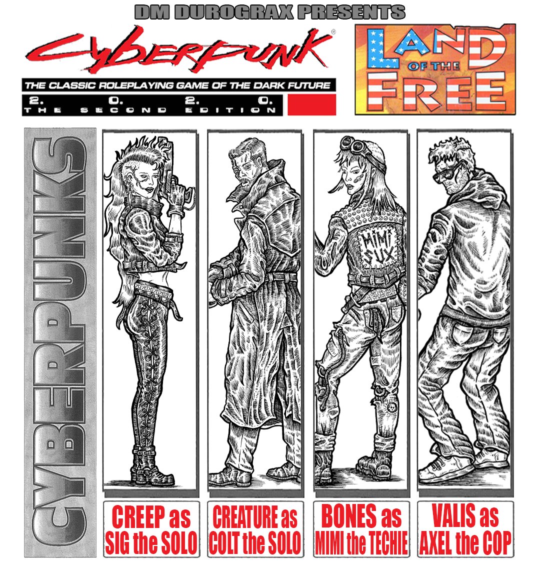 Now live for episode 3 of our brand new #Cyberpunk2020 game, Land of the Free, refereed by Durograx and starring myself alongside <a href="/littlebones309/">littlebones309 🤠</a> Darth_Valis and Kentuckyfriedcreature!

#cyberpunk #TTRPGs
📺: Twitch.tv/darlingcreepsh…