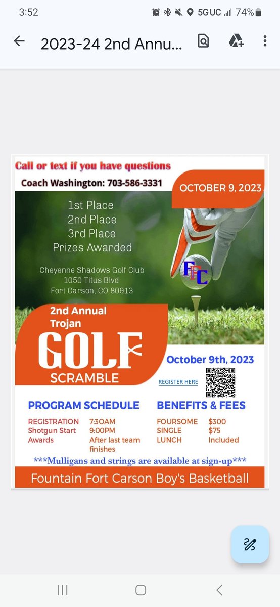 Participants in FFCHS Boys basketball golf tournament tomorrow, October 9th, must register through the visitor center to get on Fort Carson if you do not have gate access.  Sorry for the inconvenience.