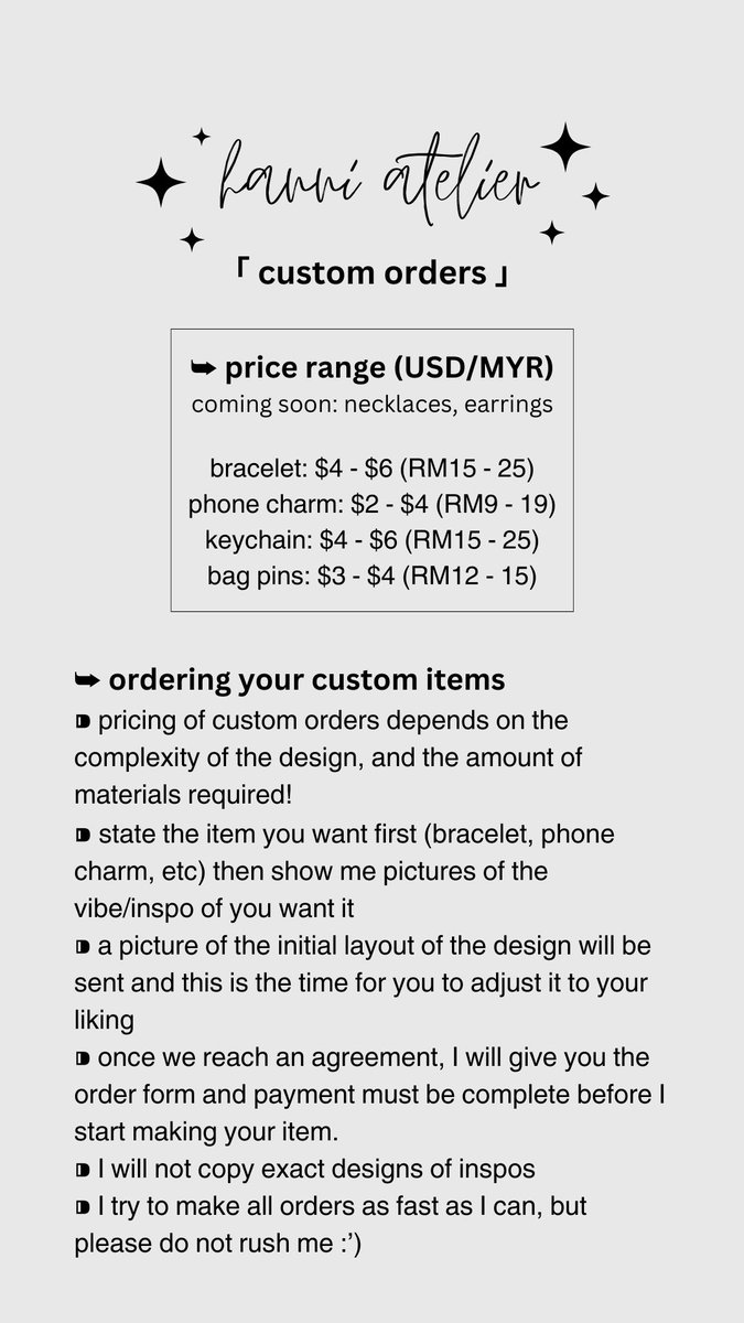 ꒰ 𝐔𝐩𝐝𝐚𝐭𝐞𝐝 𝐏𝐨𝐥𝐢𝐜𝐢𝐞𝐬 ꒱

— shop + customs info
— payment methods
— shipping info
— price range (for custom orders)

#jewelry #jewelrymaking #aesthetic #beadedjewelry #beadedjewellery #beads #beadsjewelry