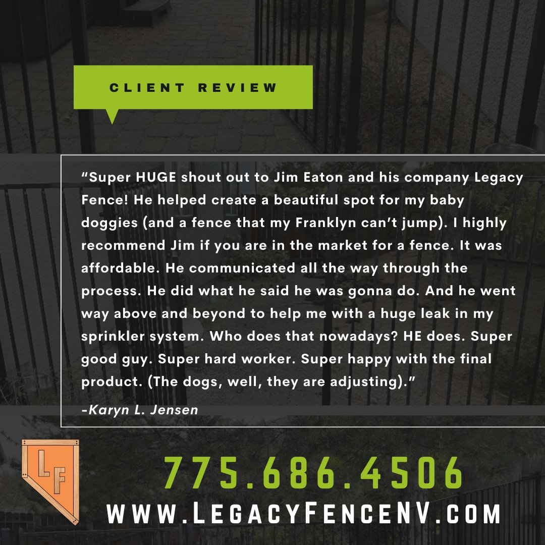 Thank you Karyn L. Jensen!

#CustomGates #CustomFencing #Fencing #Reno #Nevada #NorthernNevada #LegacyFence #LegacyFenceNV #customerfeedback #customerreviews #happycustomer

👉LegacyFenceNV.com