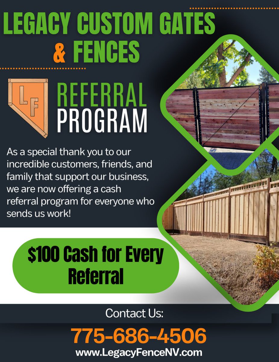 Thank you Reno/Sparks and all of Northern Nevada for your love and support!

#referralprogram #CustomGates #CustomFencing #Fencing #Reno #Nevada #NorthernNevada  #fenceinstallation #fences #fencestaining 

👉LegacyFenceNV.com