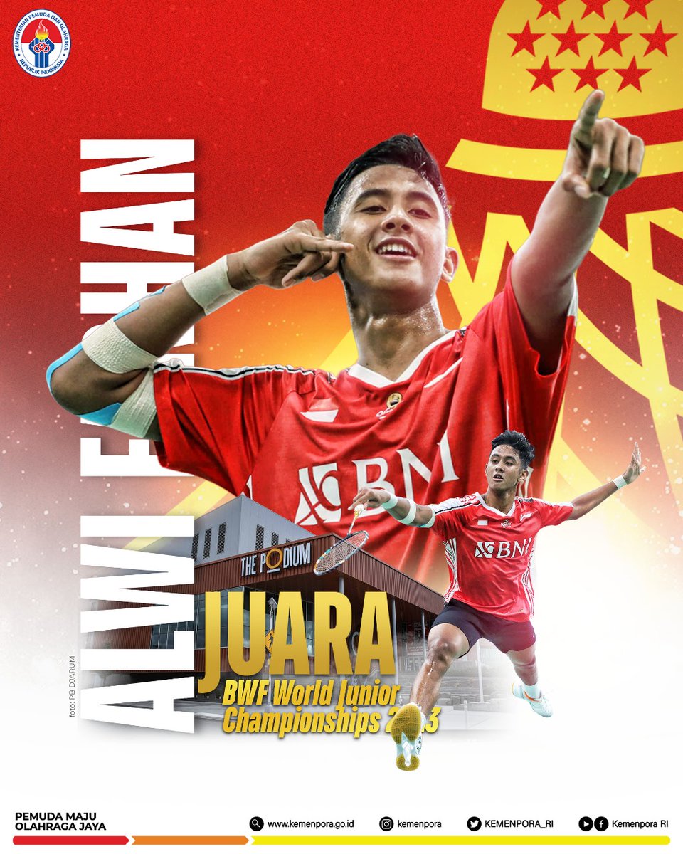 KEMENPORA_RI's tweet photo. Sobatpora, pada partai puncak BWF World Junior Championships 2023, yang digelar Senin (9/10) dini hari, dari sektor tunggal putra, Alwi Farhan berhasil menjadi juara setelah mengandaskan unggulan ketiga China, Hu Zhe An, melalui rubber set 21-19, 19-21, dan 21-14. https://t.co/6cYa3q0V3T
