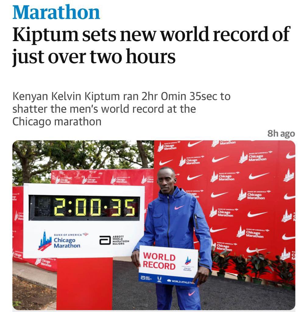 Kiptum @kelvin7kiptum sets new world record @chicagomarathon 2023 with 2:00:35 sec. Incredible effort. At 23 yrs of age he is all set to break the 2 hrs barrier in the race very soon. Boundless Human energy and spirit. #ChicagoMarathon2023 #running