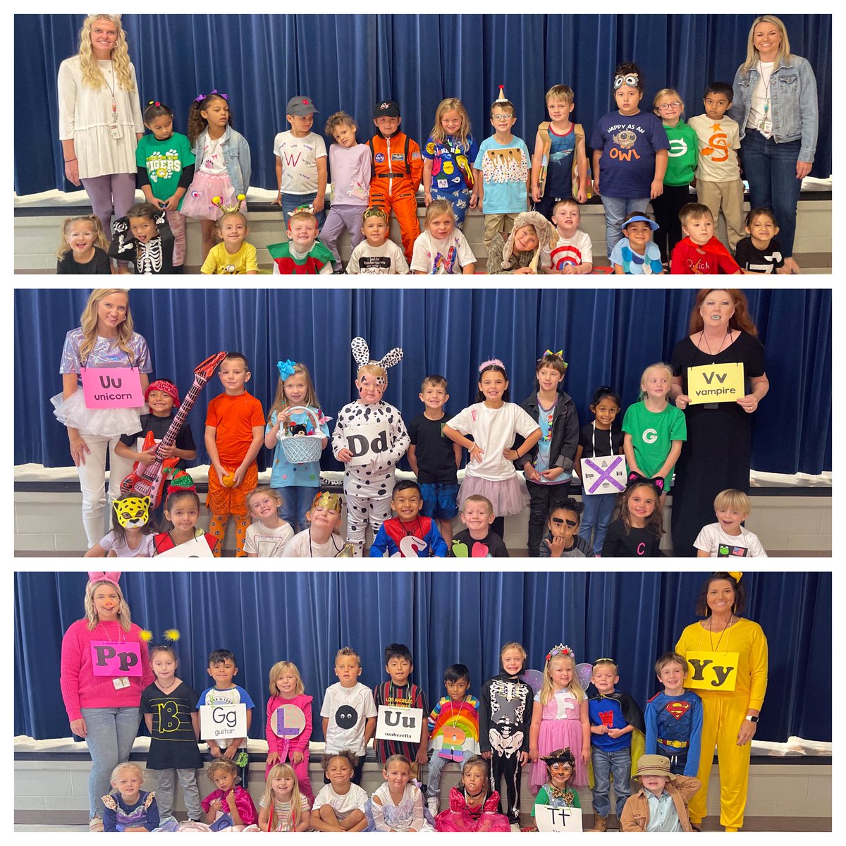 TVKindergarten's tweet photo. To celebrate learning every letter of the alphabet, we had an alphabet fashion show! Check out some of these awesome letter outfits! #TVtigers2023 https://t.co/taO9YM5fua