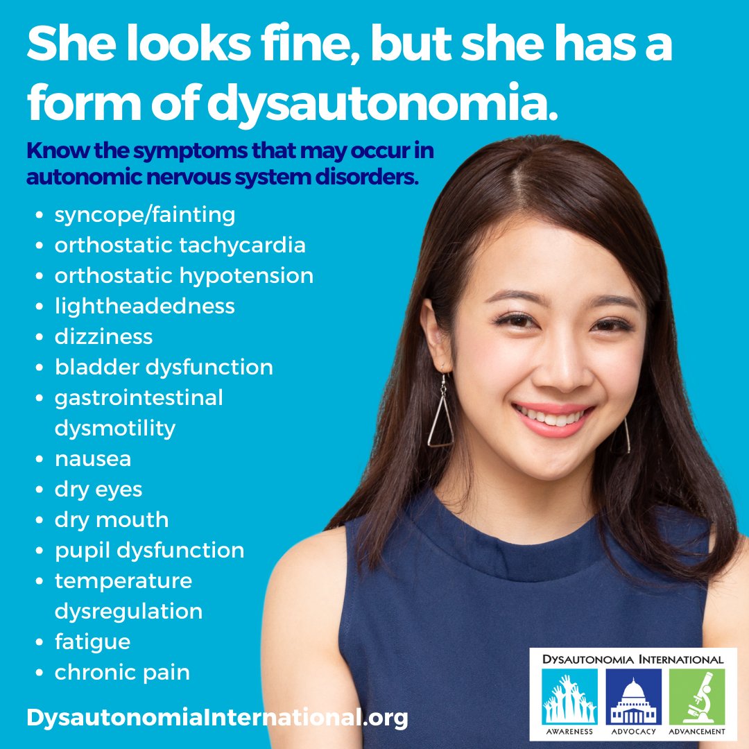 People with #dysautonomia often look "fine," but they may have a lot of debilitating medical problems you can't see. Share this post to help us raise awareness during #DysautonomiaAwarenessMonth.
Learn more at dysautonomiainternational.org/whatisdys