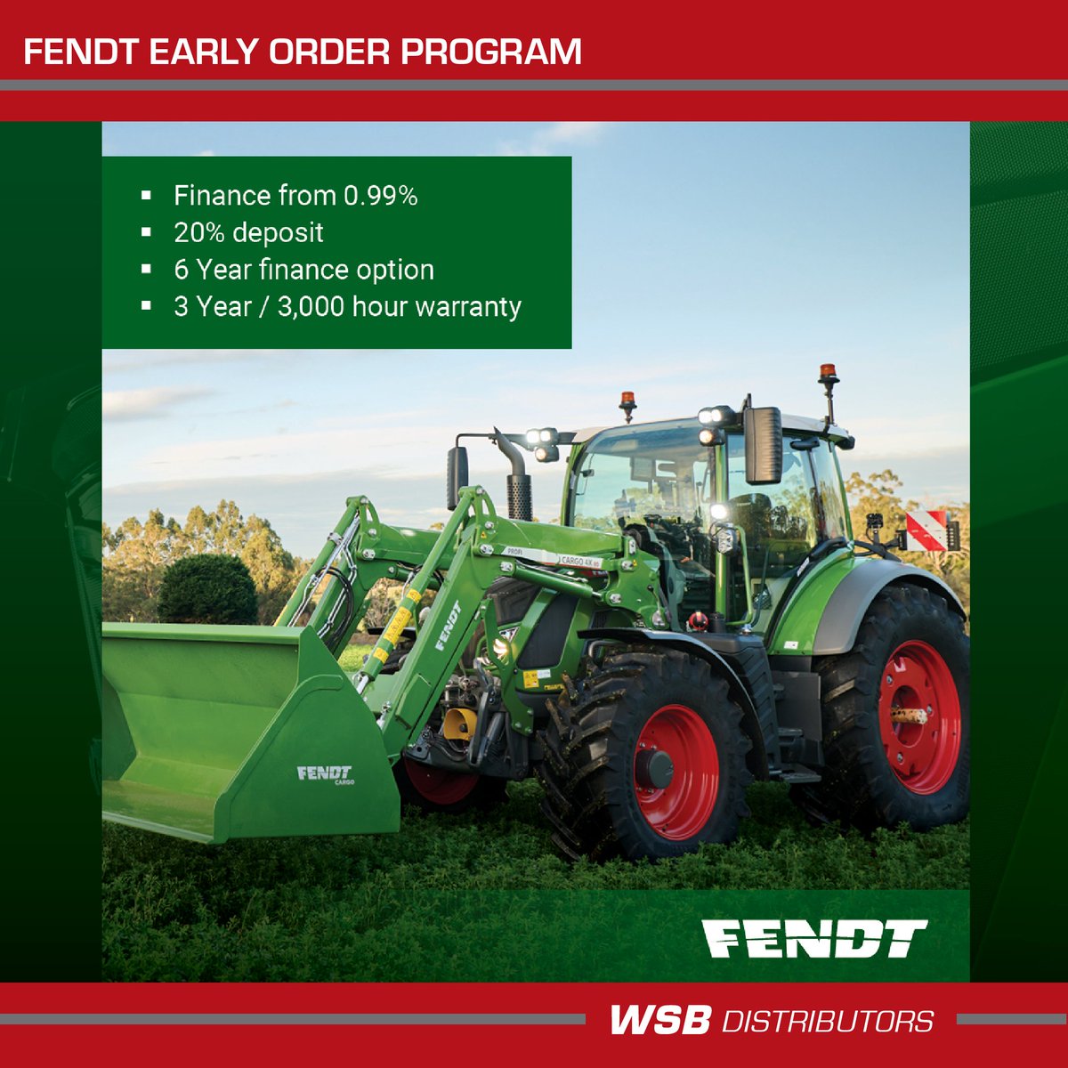 WSBDistributors's tweet image. The Fendt Early Order Program is open now on
tractors ranging from 79 to 517 horsepower.

*Terms and conditions apply.

Contact WSB today for more information 08 8842 2177

#FendtTractor #EarlyOrderProgram
#AgricultureAustralia #FarmEquipment #FinanceDeal
#FarmingCommunity