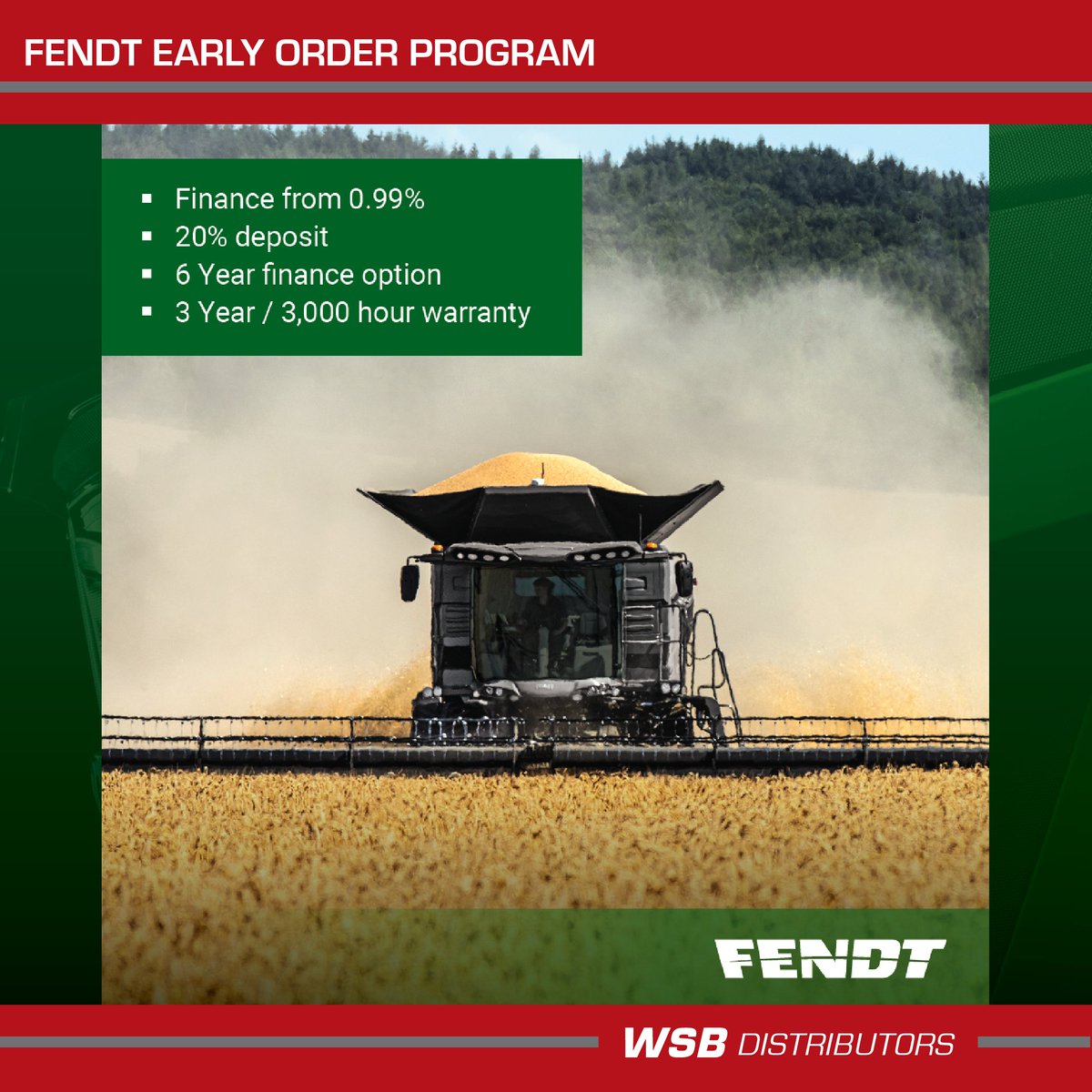 WSBDistributors's tweet image. The Fendt Early Order Program is open now on
tractors ranging from 79 to 517 horsepower.

*Terms and conditions apply.

Contact WSB today for more information 08 8842 2177

#FendtTractor #EarlyOrderProgram
#AgricultureAustralia #FarmEquipment #FinanceDeal
#FarmingCommunity