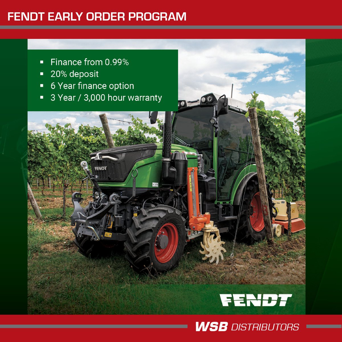 WSBDistributors's tweet image. The Fendt Early Order Program is open now on
tractors ranging from 79 to 517 horsepower.

*Terms and conditions apply.

Contact WSB today for more information 08 8842 2177

#FendtTractor #EarlyOrderProgram
#AgricultureAustralia #FarmEquipment #FinanceDeal
#FarmingCommunity