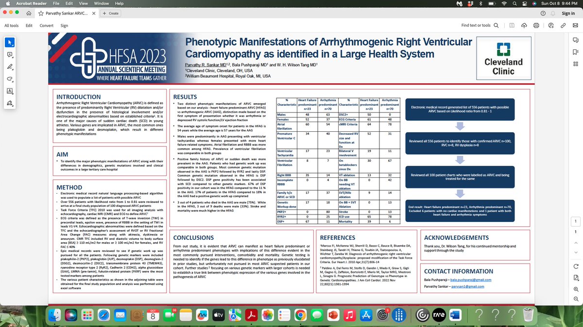 parvsan1's tweet photo. Had the opportunity to highlight ARVC as two distinct phenotypes: heart failure predominant and arrhythmia predominant with different patient features and mortality in a large healthcare system. Thank you to Dr @WilsonTangMD for your guidance and mentorship  #HFSA 2023 https://t.co/g0e9UUN48j