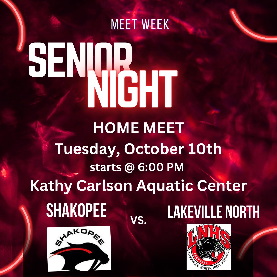 ShakoGirlsSwim's tweet photo. Home Meet Tonight + Senior Night
Come watch a great home swim meet and help us recognize our seniors!
Shakopee will take on the Lakeville North Panthers - meet starts @ 6:00 PM!
Tickets:https://t.co/7SNYvue1s6
Live Stream:https://t.co/ShTSeEa8xT https://t.co/pbLqueW79P