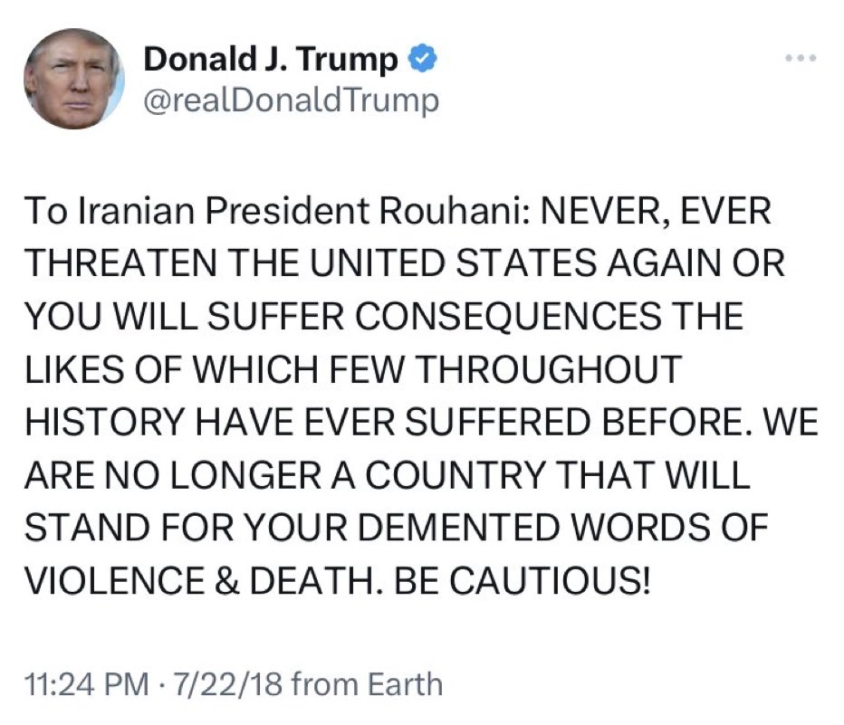 Geiger_Capital's tweet photo. Looking back… this was one of the coldest things a President has ever done.

Dude jumped on Twitter late night and told the President of Iran to watch his mouth. https://t.co/SFOWoS77fd