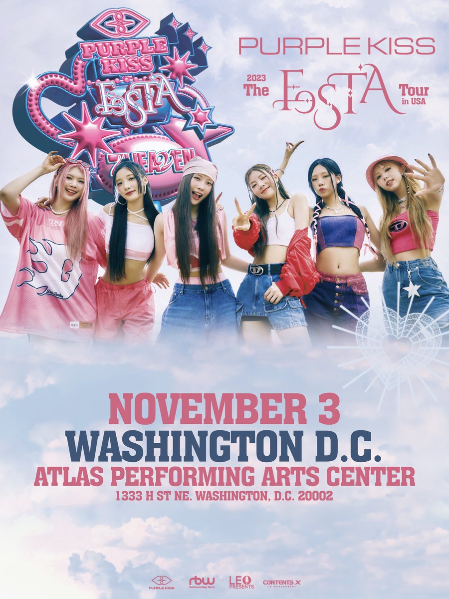 LeoPresents's tweet image. [NOTICE] 💥 @RBW_PURPLEKISS 

JUST ANNOUNCED!

2023 The FESTA Tour in Washington D.C.!

Tickets go on sale Friday October 13 at 11AM (EST).

#퍼플키스 #PURPLE_KISS #PURPLE_KISS_THE_FESTA_TOUR