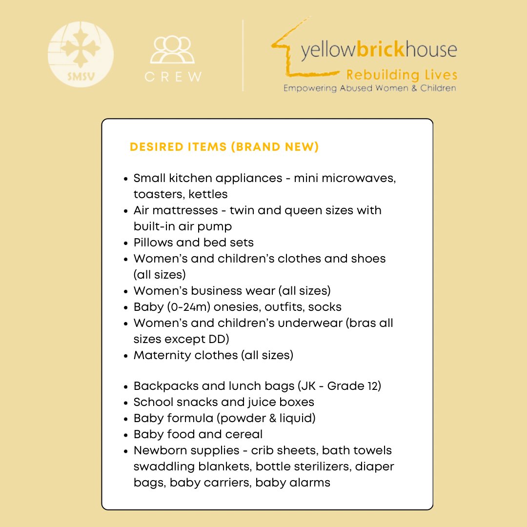 CREW is hosting a Thanksgiving Drive Social in collaboration with Yellow Brick House this Tuesday October 10 at SMSV! Bring your friends and join us for dinner! Donating items is optional, swipe for urgently needed items and desired items.