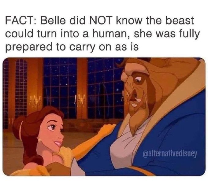 Picture of Belle in her yellow ballgown dancing with the Beast in Disney’s Beauty and the Beast, with the caption above: “FACTS: Belle did NOT know the Beast could turn into a human, she was fully prepared to carry on as is”