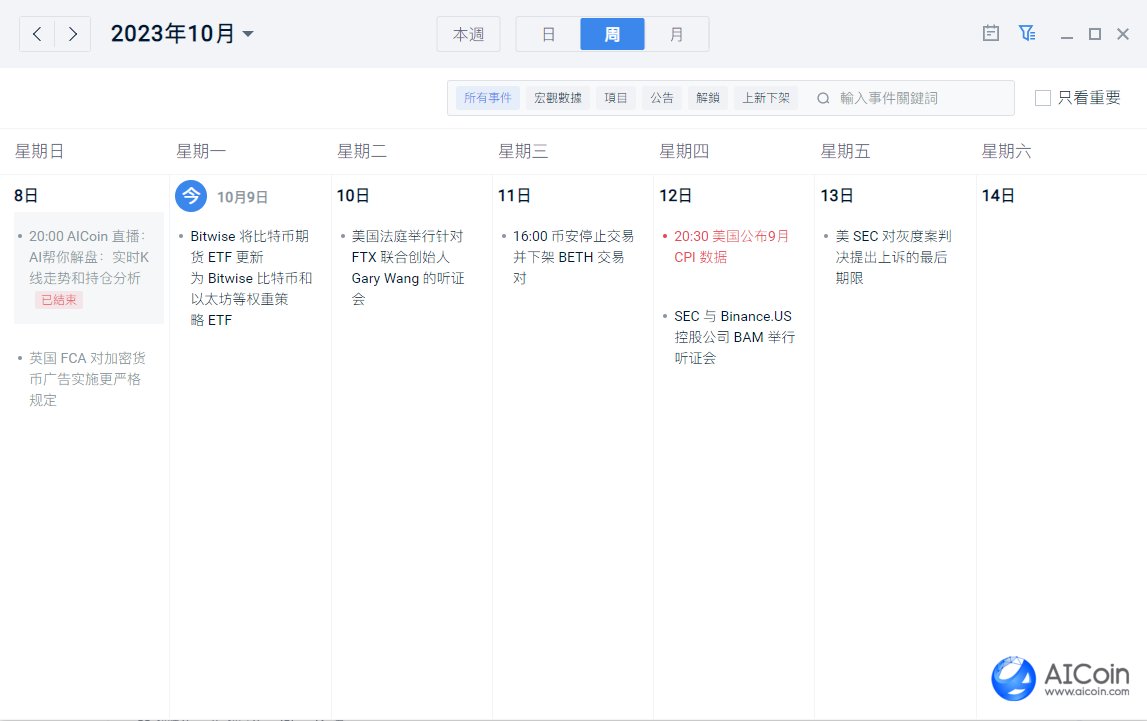 AiCoinzh's tweet photo. 🔝本週重磅日程
10月9日
#Bitwise 將比特幣期貨ETF更新為Bitwise比特幣和以太坊等權重策略ETF生效。
10月10日
美國法庭舉行針對 #FTX 聯合創始人 #GaryWang 的聽證會。
10月11日
16:00(UTC +8),#幣安 停止交易並下架 #BETH 交易對。
10月12日
20:30 (UTC+8),美國公布9月 #CPI 數據,目前市場預測值為3.6%,前值3.7%:https://t.co/JmEQCZva83
美 #SEC 與 #BinanceUS 控股公司 BAM 舉行聽證會。
10月13日
美 #SEC 對 #灰度 案判決提出上訴的最後期限。
更多詳請請關註【#AICoin PC - 快訊 - 事件日曆】或點擊鏈接:https://t.co/obNg1biCyW