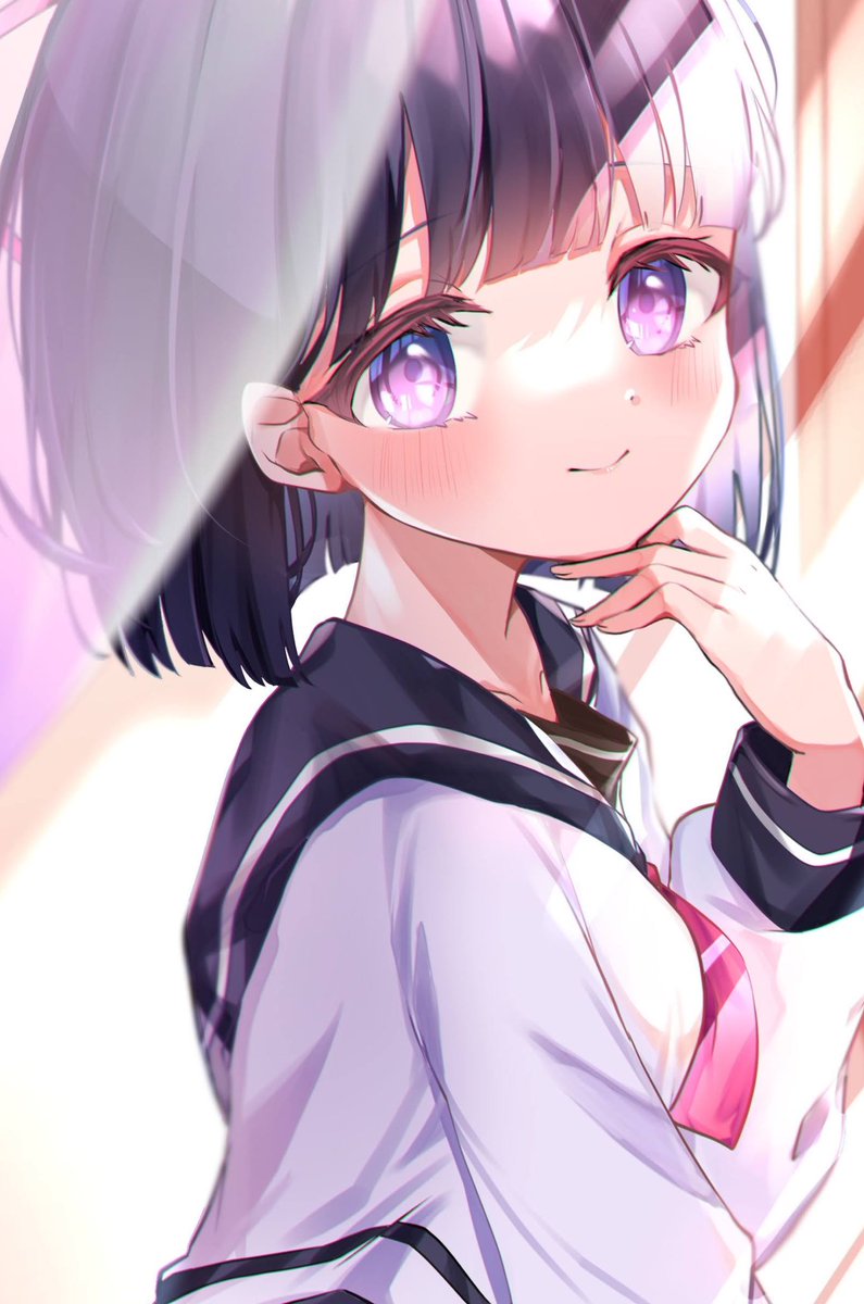 1girl solo school uniform purple eyes looking at viewer smile blush  illustration images