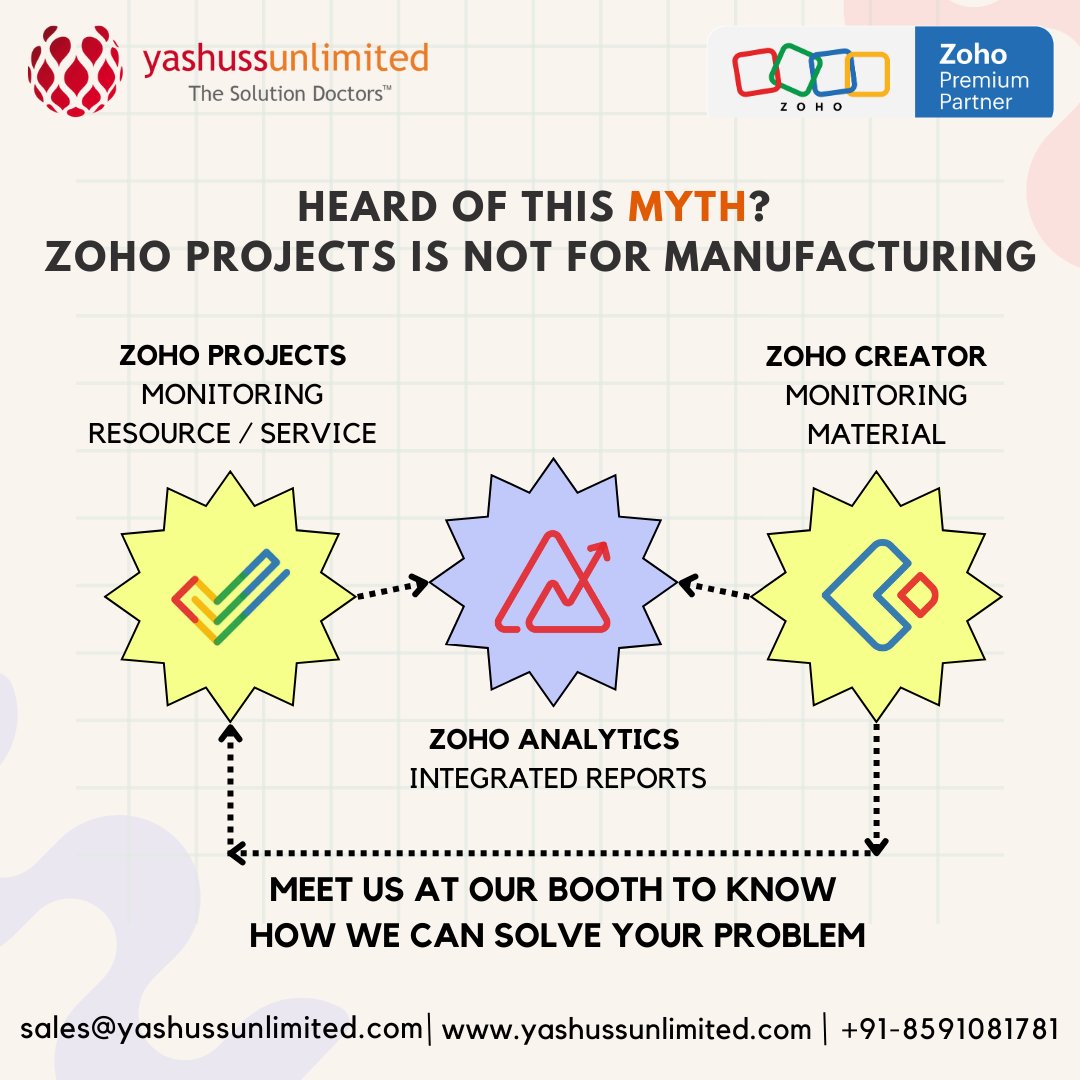 It's a myth that #zohoprojects is not for #manufacturing.Book a discovery session with us at #zoholics - zurl.co/HasT

#digitaltransformation #premiumpartner #integratedsolution #zohoprojects #zohocreator #zohoanalytics #manufacturingsolutions