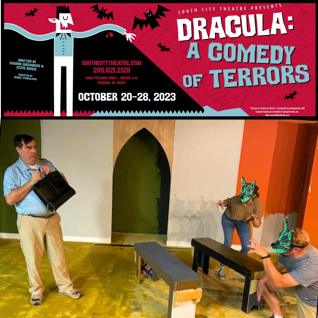 Jonathan Harker's first thought upon arrival: 'Should've booked an Airbnb instead.' 🏰🏡 #VacationRegrets #draculaacomedyofterrors #protectyourneck #southcitytheatre  southcitytheatre.com/get-tickets/