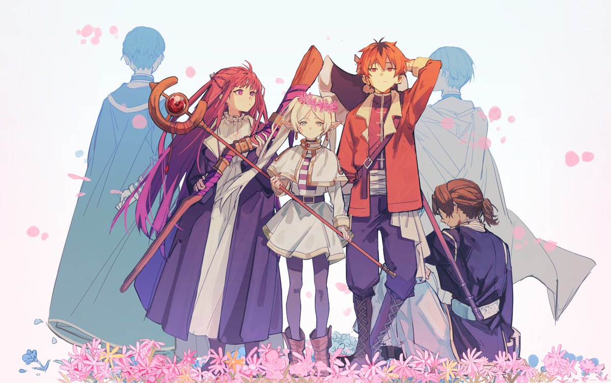 multiple girls multiple boys staff red hair flower cape dress  illustration images