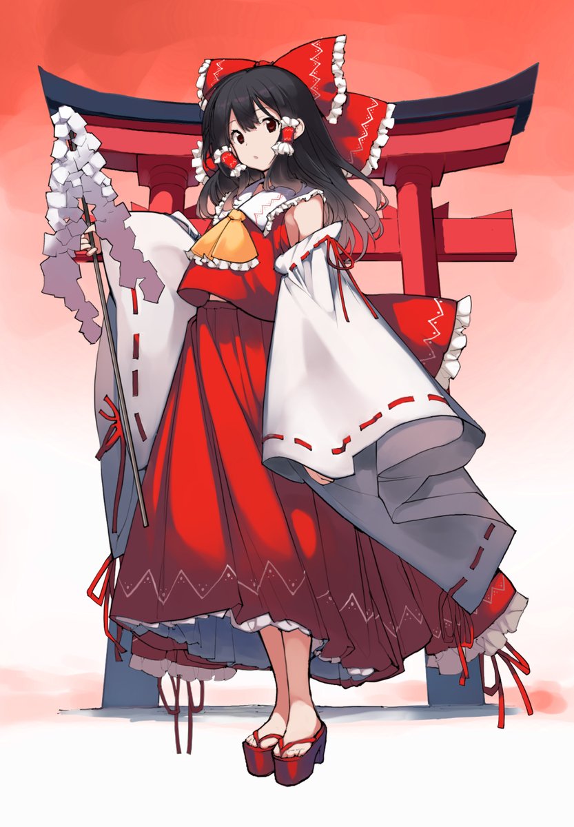 hakurei reimu 1girl solo detached sleeves bow hair bow red bow skirt  illustration images