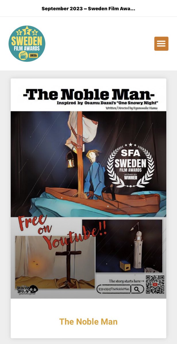 GallerySherpa's tweet photo. 速報‼︎
ヨコハマヨリックの"The Noble Man"がSweden Film Awardsにて9月のBest animated filmを獲得しました！
正式に世界デビューしちゃいました！これからは世界基準でいくのでハマではなくHamaと呼んで下さい🙋‍♂️
やはりヨリックの活躍の場は世界でした！

↓世界基準
https://t.co/u70ScRricQ https://t.co/RVbNjOtwCp