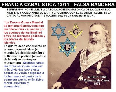 Albert Pike uno de los padres  fundadores del antiguo  Rito Escocés de la masonería, masón grado 33 SATÁNISTA, uno de los lideres del Ku Klux Klan, maestre Illuminati escribió la carta  que comenzaría la Tercera Guerra Mundial entre sionistas y musulmanes.