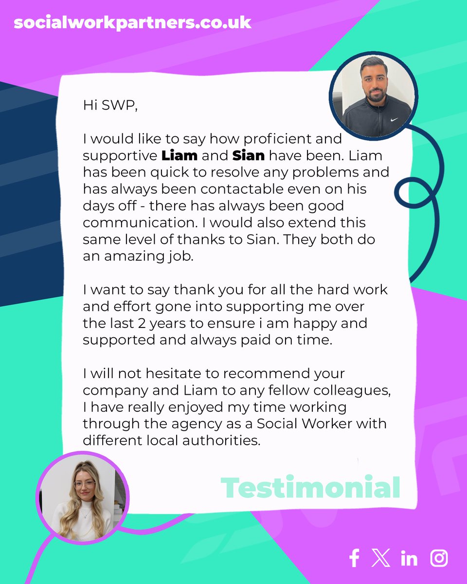 SWPartners_'s tweet image. Huge Shoutout to Liam Bains and Sian Homer! 
We recently received this testimonial from a Social Worker who has been working with Liam for over 2 years. Liam and Sian's proficiency and unwavering support have made all the difference to this candidate's experience.

#socialcare