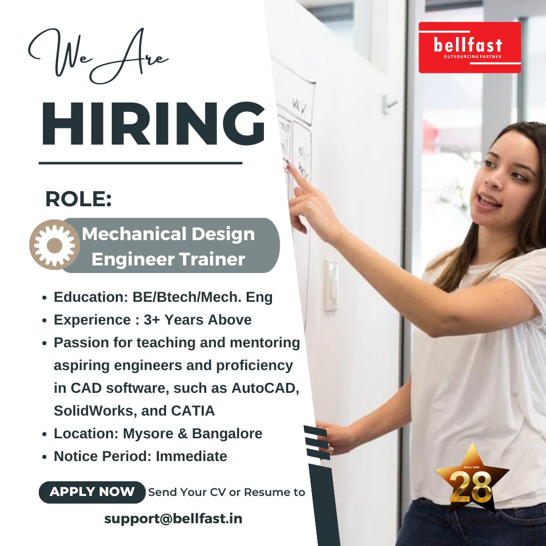 bellfast_india's tweet photo. Are you passionate about mentoring aspiring engineers? We're looking for you to join our innovative team at @bellfas_india in #Mysore or #Bangalore. Let's shape the future of mechanical engineering together. Apply now! https://t.co/fsfHzhObrp or Mail: support@bellfast.in https://t.co/LpQIladnPQ