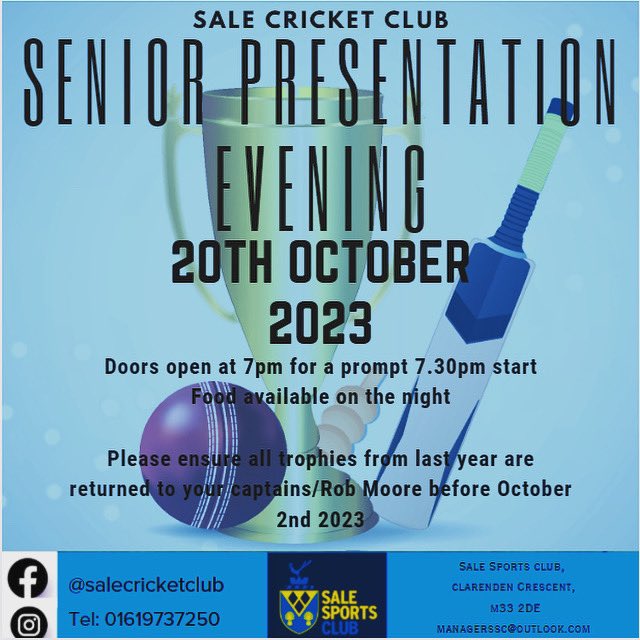 Save the date! Senior presentation evening to be held on 20/10/23. Doors open at 7pm for a prompt 7:30 start. Food available and lots of fun to be had! Please return trophies from last year to your captains/Rob Moore before 2nd October. Contact for more details. See you there…..