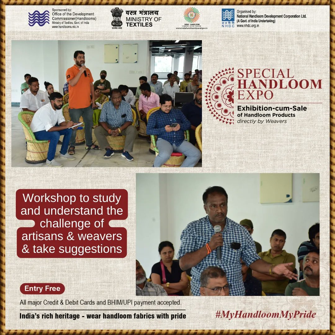NHDC_Textiles's tweet photo. Glimpses of Workshop to study and understand the challenge of artisans & weavers & take suggestions organised by National Handloom Development Corporation LTD.
#ArtisansUnite #WeavingTradition #CraftingInnovation #HandloomMagic #NHDCWorkshop #workshop #HandloomArtistry https://t.co/c9sBQ9cQDo