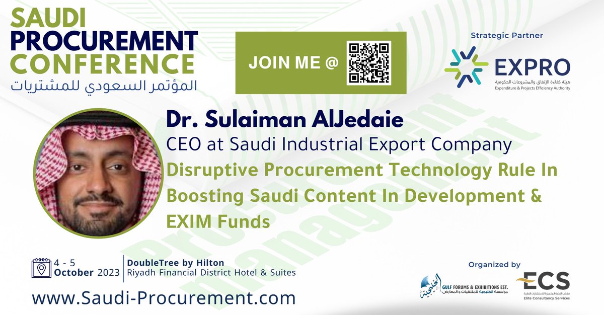 We are thrilled to announce that our CEO, Dr. Sulaiman AlJedaie, will be a distinguished speaker at the upcoming #Saudi_Procurement_Conference scheduled for October 4-5, 2023. Stay connected for more updates!

#Procurement #logistics #KSA #SaudiArabia