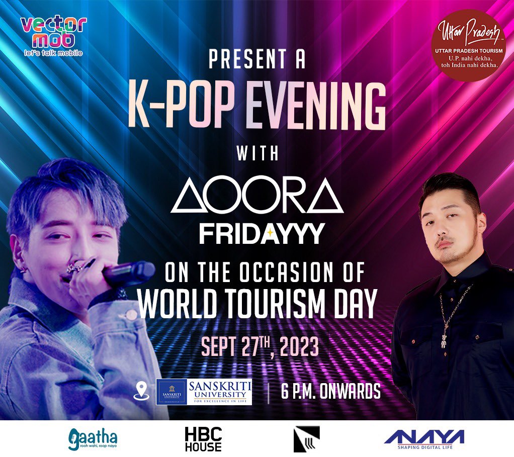 Get ready to groove on the scintillating beats of #KPOP-#IndianMusic with #Aoora and #Fridayyy, this #WorldTourismDay! 🤩

Event starts at 6 P.M., #SanskritiUniversity, #Mathura.🔥

#WorldTourismDay2023 

#IndiaSouthKoreaRelations!