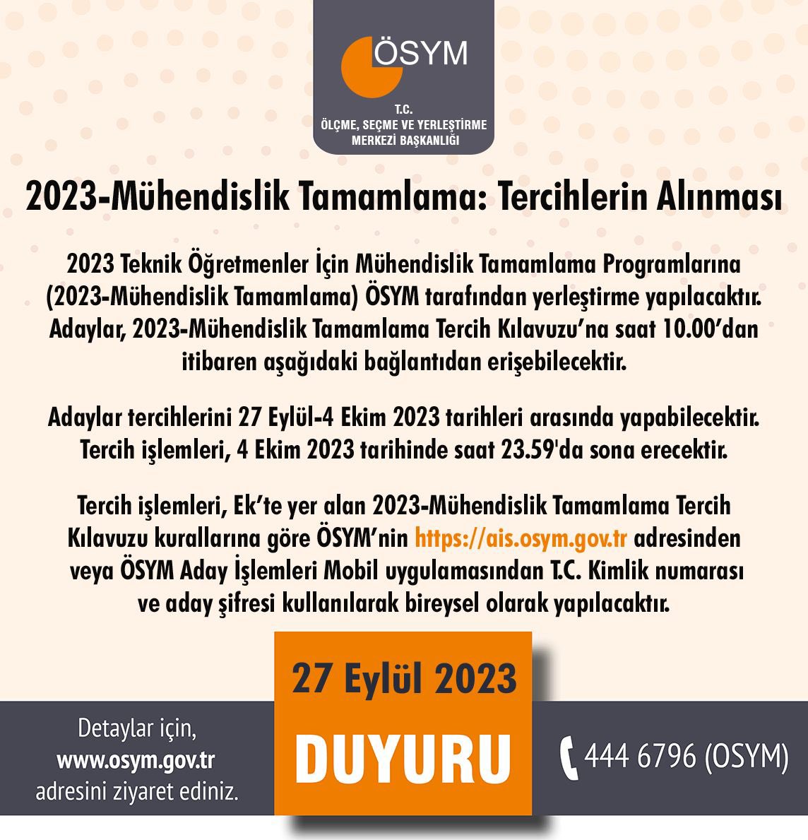 OSYMbaskanligi's tweet photo. 2023-Mühendislik Tamamlama: Tercihlerin Alınması

https://t.co/SXvhoK99Gn https://t.co/XGCeD5LZNt
