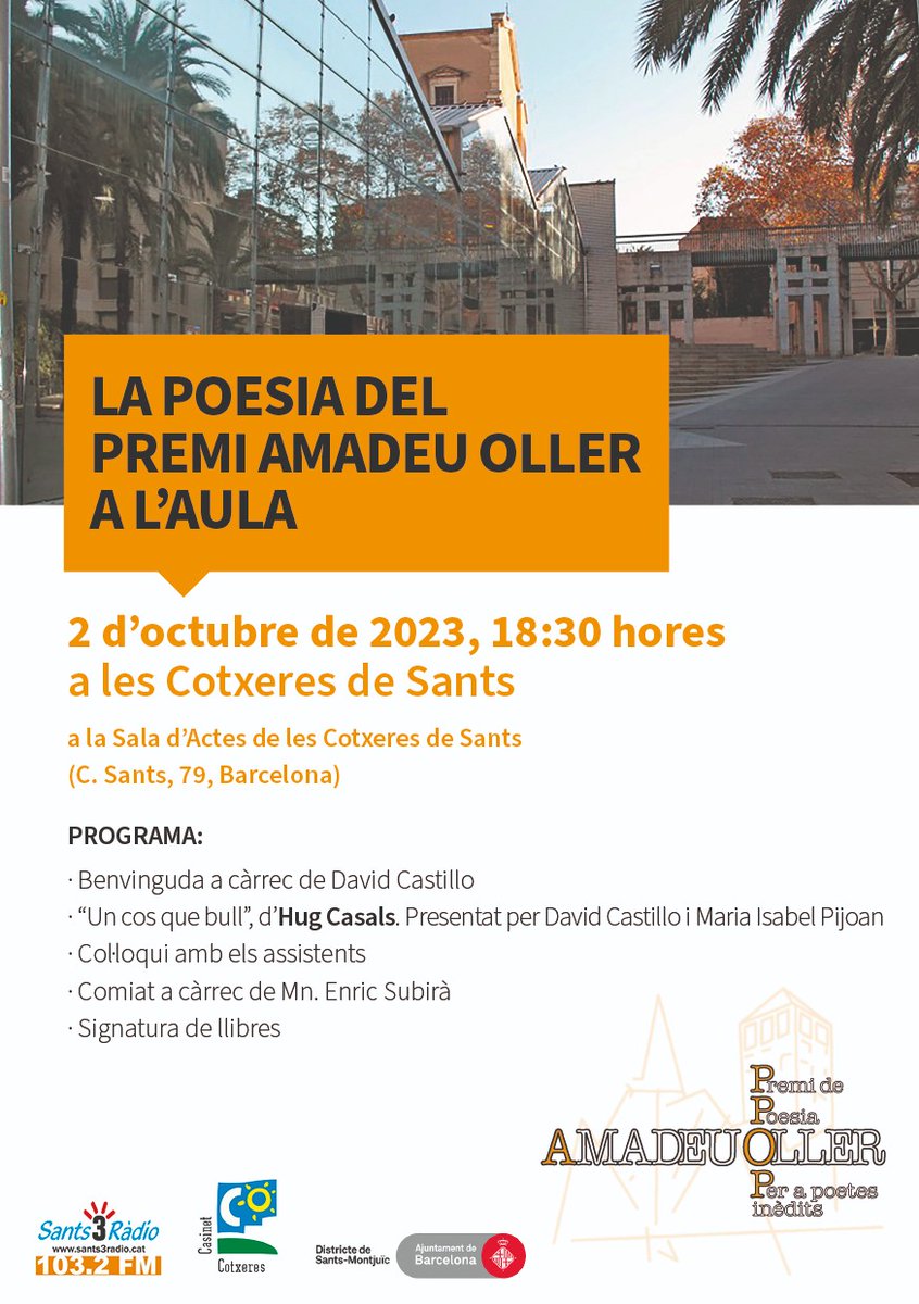 Amadeuoller's tweet photo. El Premi entra a l'Aula. Presentació d' #Uncosquebull d' Hug Casals . Us hi esperem!! @CotxeresCasinet @SantMedir https://t.co/AiYrpgjyLe