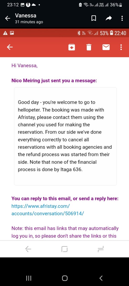 lozmental's tweet photo. @Afristay we are very disappointed with the service we are receing from you and @MabalingweR . Non of the 2 parties wants to refund us, and also notifying us of the cancelation on the day when the fire took place 3days ago is very inconsiderable. Pls do the right thing. https://t.co/kLcPf2H2xH
