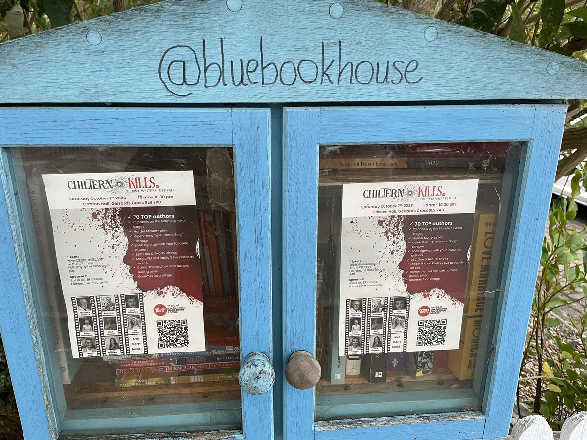 Lots to read inside the @StGilesVillage @bluebookhouse  - @laurendestefan0 @AnnCleeves @kileyreid @PhilipHensher - pick a book, read it, & pass it on or keep it forever (also get your ticket for @ChilternKills crime festival on Oct 7th in Gerrards Cross) #littlefreelibrary