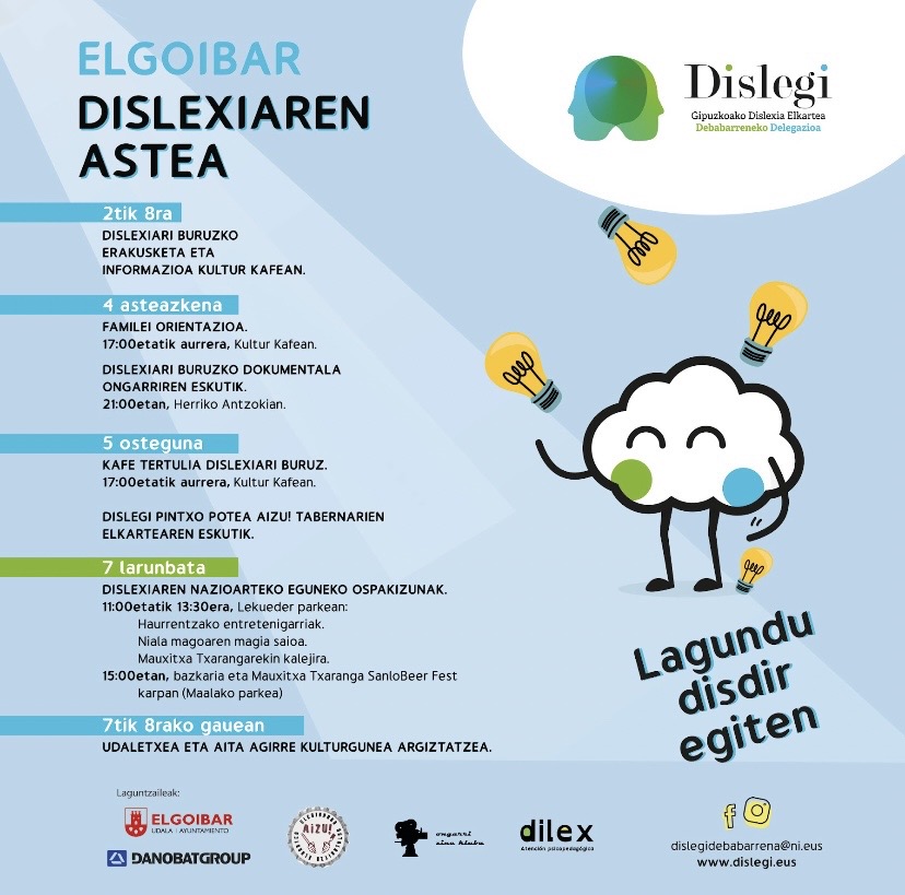 Bertan da Dislexiaren Nazioarteko Eguna!
Eta hori ospatzeko aurten Elgoibarren elkartuko gara Dislegi osatzen dugun familia guztiak.
Bidaia errazteko autobusa jarriko du Dislegik.
Bertan lagun arteko bazkaria egingo dugu.
Izena eman:
docs.google.com/forms/d/e/1FAI…