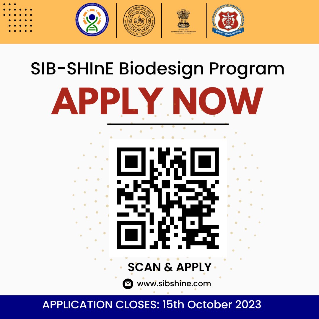 SIBSHInE's tweet photo. The moment we've all been eagerly anticipating has finally arrived! The application form for the SIB-SHInE  Biodesign program is now officially live and ready for your submissions.
Apply here- (https://t.co/TLd8Pf5O7Y)
#IITKanpur #Engineering #Medical #Ideatobusiness #MEDTECH https://t.co/Jwy7e0rmLr