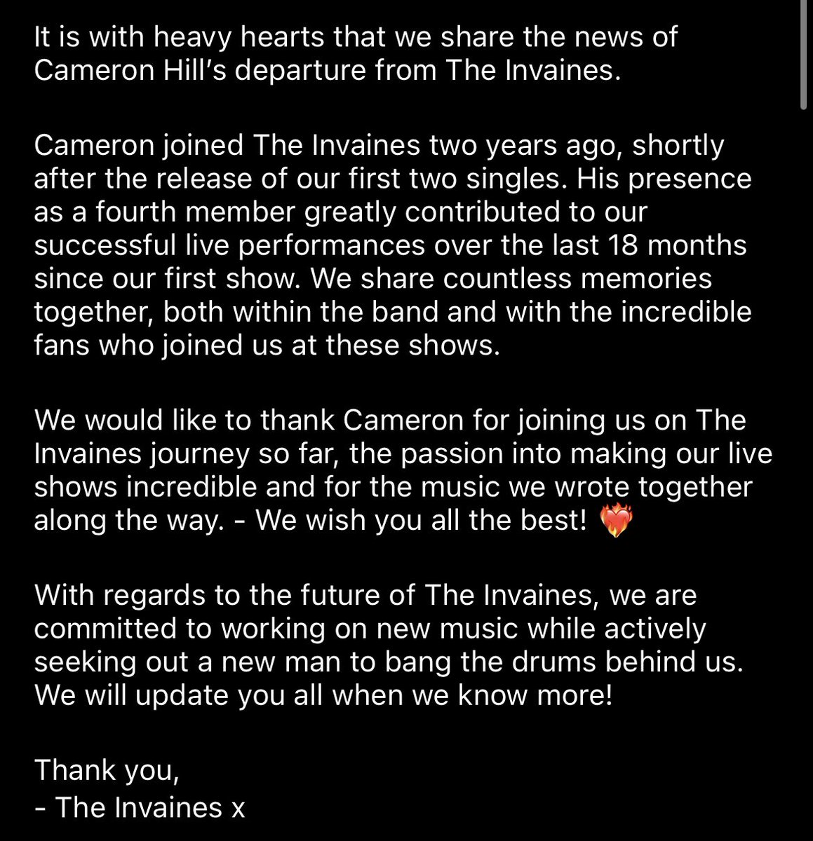 Announcement regarding Cameron Hill’s departure from The Invaines. We wish you the best brother!💙