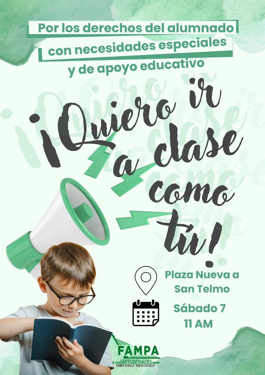 fampasevilla's tweet photo. No vamos a tolerar el abandono sistemático del alumnado #ACNEAE dentro de nuestro sistema educativo

S̲á̲b̲a̲d̲o̲ 7̲ d̲e̲ o̲c̲t̲u̲b̲r̲e̲

✊💚💙In̲v̲a̲d̲i̲m̲o̲s̲ l̲a̲s̲ c̲a̲l̲l̲e̲s̲ x los derechos del alumnado con necesidades especiales y de apoyo educativo 
#QuieroIrAClaseComoTú https://t.co/YeJrjcRsgt