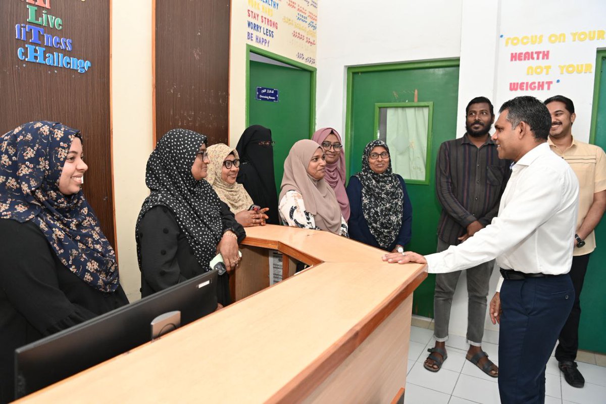 presidencymv's tweet photo. As part of his ongoing visit, Vice President @FaisalNasym visited key establishments on Gaafaru Island in Kaafu Atoll today. This included the local school, healthcare centre, and the Secretariat of the Gaafaru Island Council. https://t.co/enlDosUMJ7