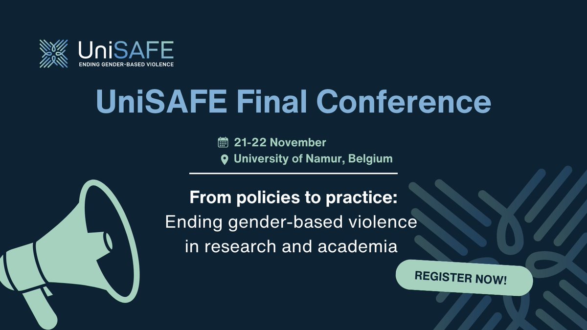 🚨Save your spot! Are you working towards ending #genderbasedviolence in a university or research organisation? Join us for our final conference presenting concrete, evidence-based pathways to end #GBV, from policy to practice! 📅 21-22 Nov at @UNamur 👉 unisafe-gbv.eu/events/final-c…