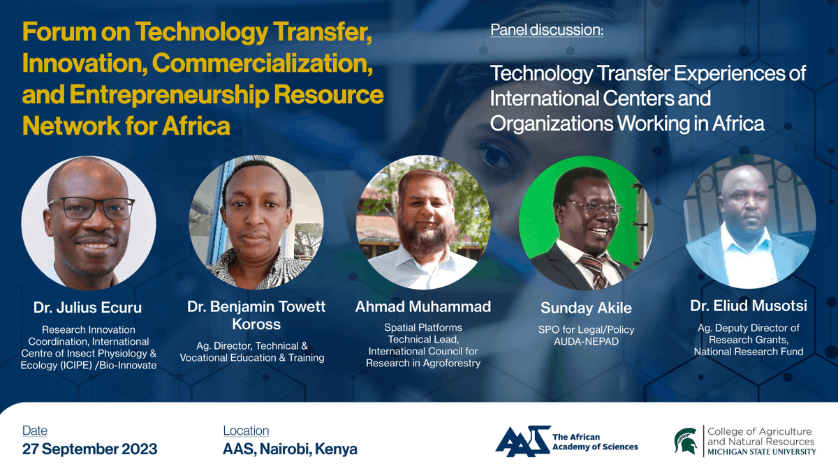 AASciences's tweet photo. #HappeningNow
Day 2 of the Technology Transfer Forum gives International Centers &amp; Organisations a platform to discuss their #technology transfer experiences in Africa
#TechICE #Innovation #Tech #AgriTech
@CANRatMSU
@icipe
@ICRAF
@nrfkenya
@NEPAD_Agency
Turkana University College https://t.co/kmKZAw3o3i