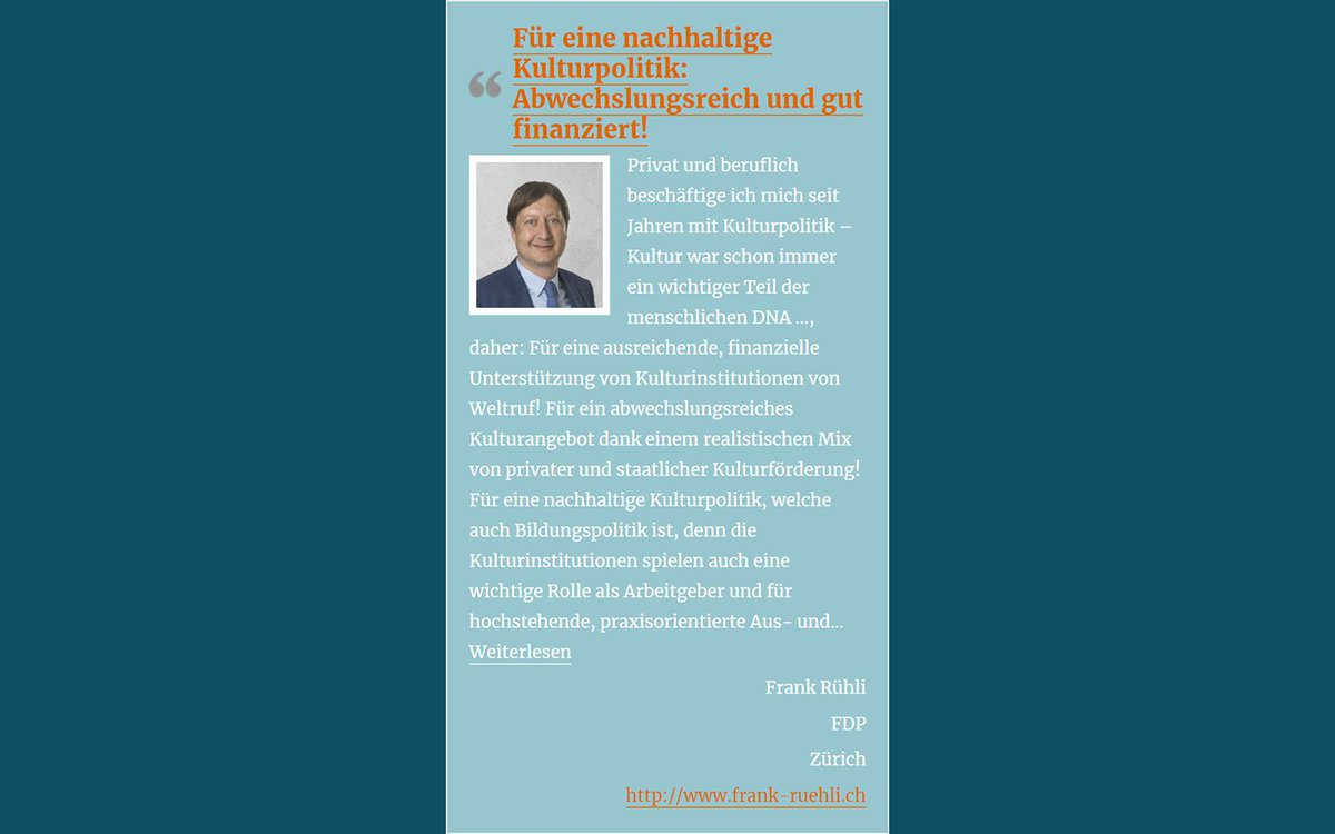 Pro_Kultur's tweet photo. Für eine nachhaltige Kulturpolitik: Abwechslungsreich und gut finanziert!

Frank Rühli | FDP | Zürich 
https://t.co/lBr84fMptq

https://t.co/rhX2F5dHT1

Weitere Statements unter https://t.co/6MwIxta9zG  

Facebook: 
https://t.co/6MwIxta9zG

Instagram: 
https://t.co/M4UwHJOHOR https://t.co/kYzVtbWiF9