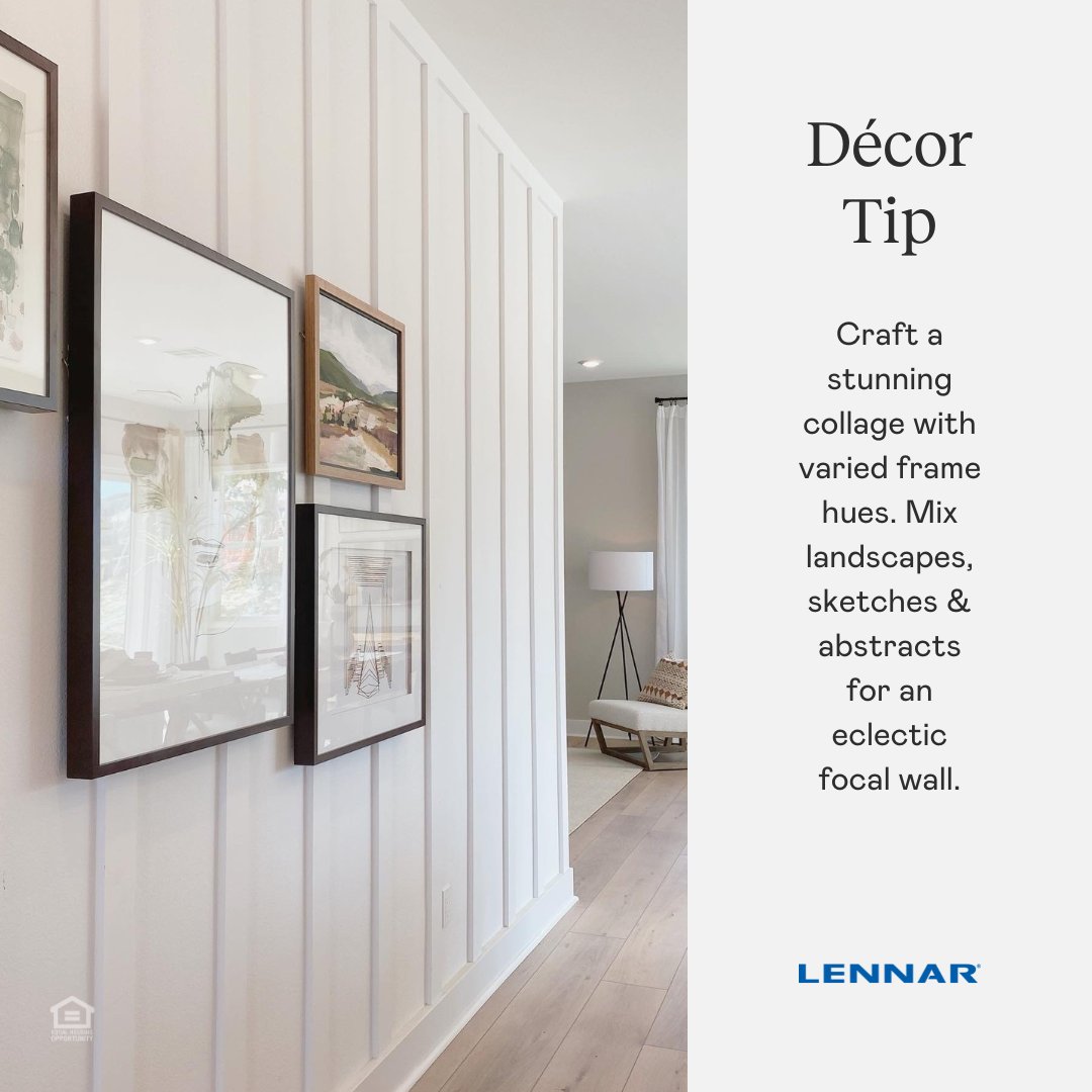 LennarVirginia's tweet photo. Elevate your space with a captivating art collage. Embrace 1-2 frame colors and blend landscapes, sketches, and abstracts for an effortlessly curated focal wall. Choose between a timeless symmetrical grid or an eclectic asymmetrical arrangement to make your space uniquely yours. https://t.co/4bGhHmkKQW